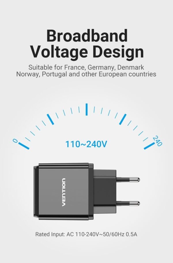 Vention FADB0-UK 1-Port USB-C Wall Charger (20W) UK-Plug (Black) - Image 2
