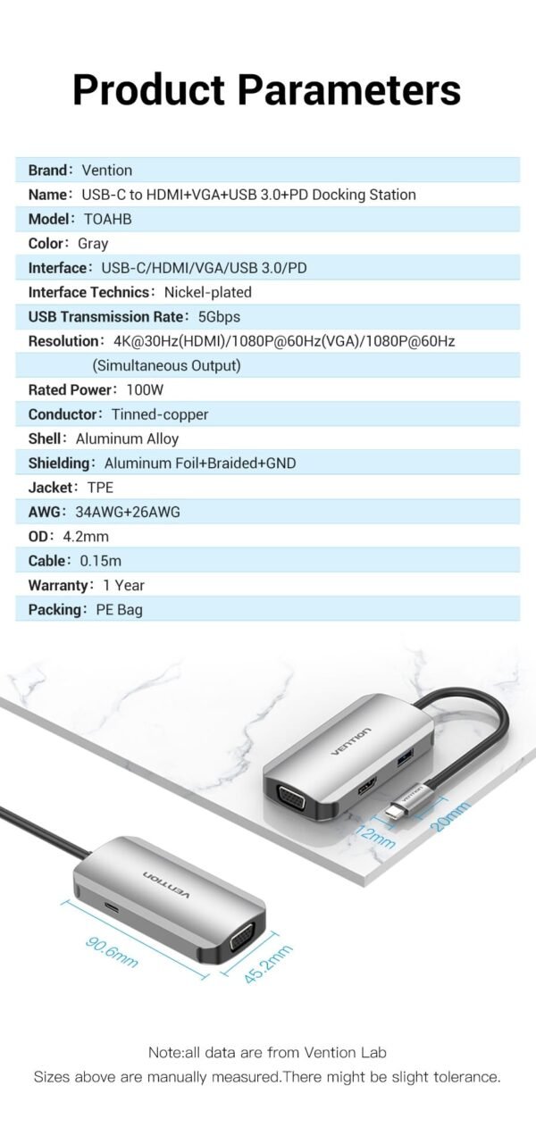 Vention TOAHB USB C (4 in 1) To HDMI/VGA/USB3.0/ Docking Station - Image 5