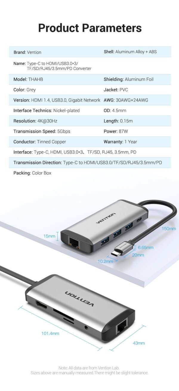 Vention THAHB Multi-function Type-C (9 in 1) to HDMI+USB3.0 - Image 9