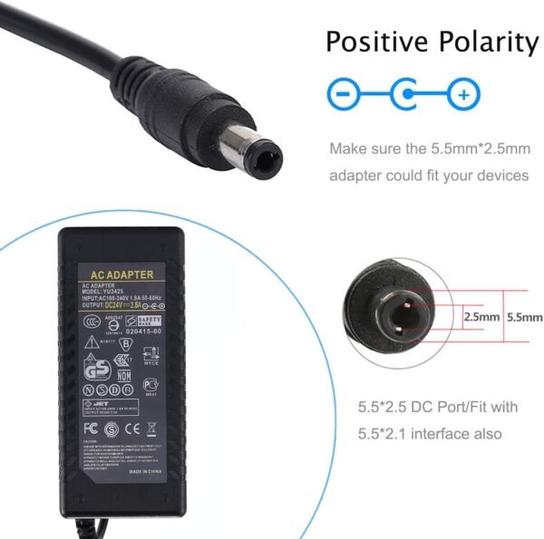 24V 2.5A Power Supply AC Adapter DC 24V 2.5A AC/DC 60W Transformers 5.5x2.5mm Cable DC Power Plug Jack Connector Compatible with 24V, 0-2.5A, 0-2500mA. - Image 2