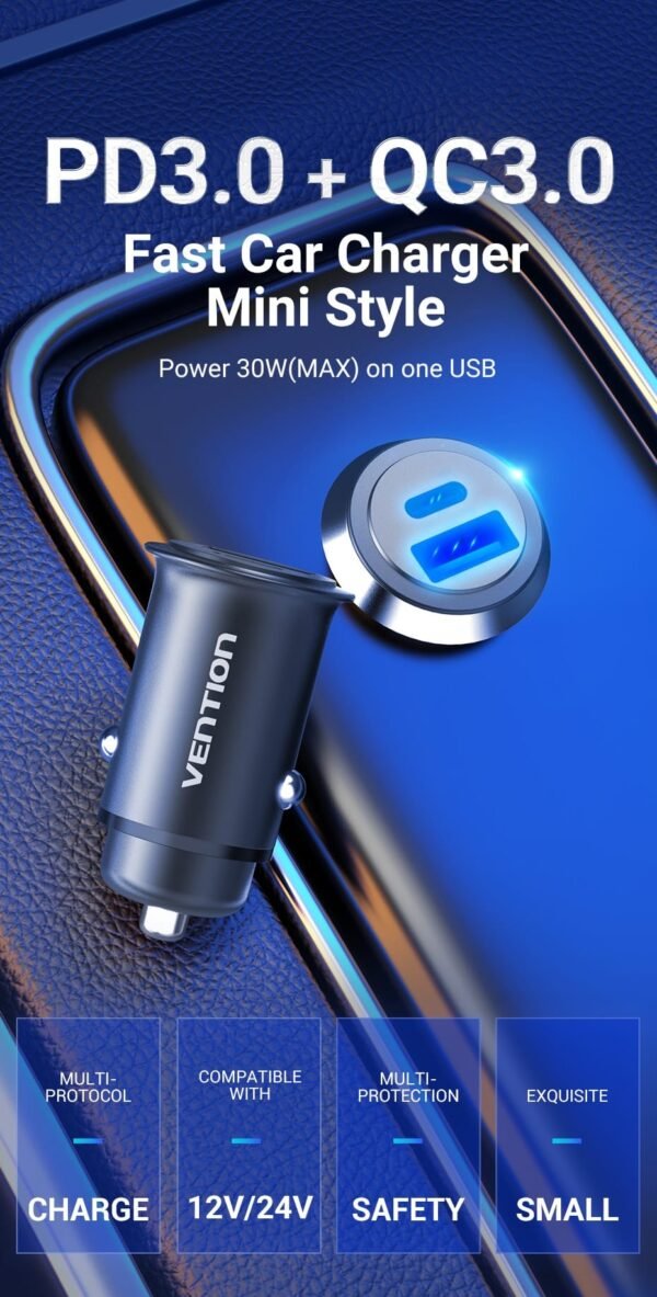 Vention CC-63-H 25W Dual USB Car Charger (PD3.0+QC3.0) Gray - Image 2