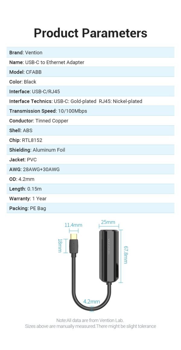 Vention CFABB USB-C To 100M Ethernet Adapter 0.15M(Black) - Image 7