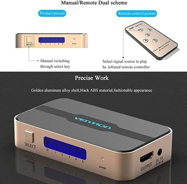 Vention ACDG0 HDMI Switcher 5 In 1 Out (Gold color) - Image 8