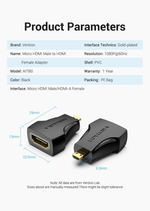 Vention AITB0 Micro HDMI Male To HDMI Female Adapter(Black) - Image 7