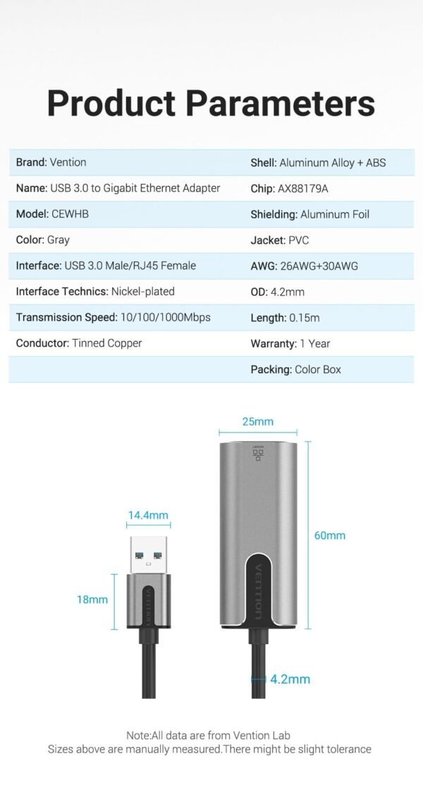 Vention CEWHB USB 3.0-A To Gigabit Ethernet Adapter Gray 0.15M - Image 7