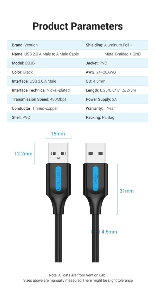 Vention USB 2.0 A Male to A Male Cable 1.5 Meter PVC Type(Black) - Image 4