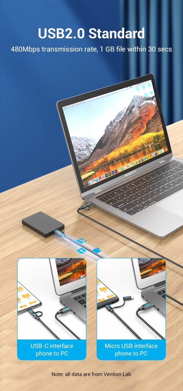 Vention CQDBG USB 2.0 to 2-in-1 Micro USB & USB-C Cable (Black) - Image 4