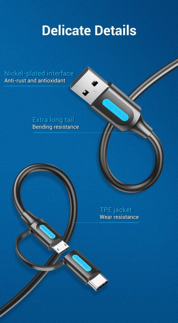 Vention CQDBG USB 2.0 to 2-in-1 Micro USB & USB-C Cable (Black) - Image 8