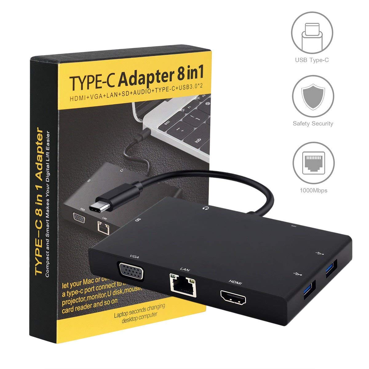 Generic Adaptateur Type-C 8 En 1 Vers HDMI, VGA, RJ45, USB 3.0