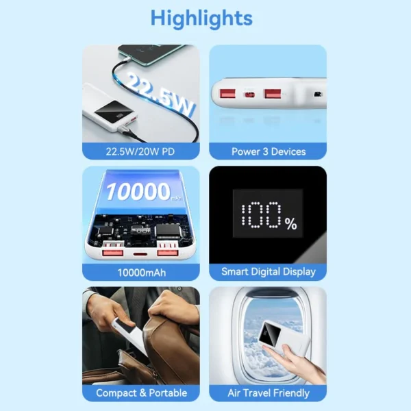Vention 10000mAh Power Bank (Micro-USB + USB-C + USB-A + USB-A) 22.5W White LED Display Type - Image 12