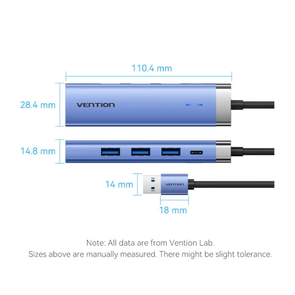 Vention USB Hub USB 3.0 to USB 3.0 x 3/RJ45/USB-C 0.15M Blue Aluminum Alloy Type-TGFSB - Image 10