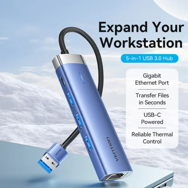 Vention USB Hub USB 3.0 to USB 3.0 x 3/RJ45/USB-C 0.15M Blue Aluminum Alloy Type-TGFSB - Image 3