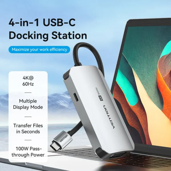 Vention USB-C to HDMI/VGA/USB 3.0/PD Docking Station 0.15M Gray Aluminum Alloy Type-TQAHB - Image 2