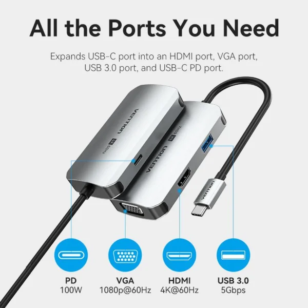 Vention USB-C to HDMI/VGA/USB 3.0/PD Docking Station 0.15M Gray Aluminum Alloy Type-TQAHB - Image 5
