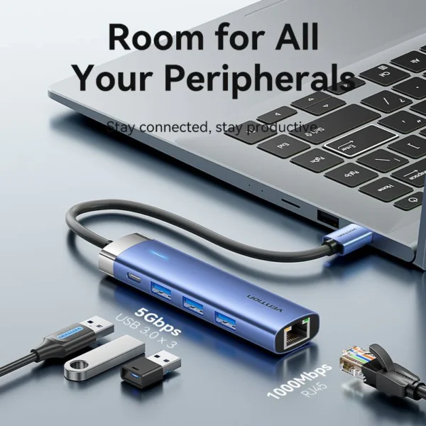 Vention USB Hub USB 3.0 to USB 3.0 x 3/RJ45/USB-C 0.15M Blue Aluminum Alloy Type-TGFSB - Image 6