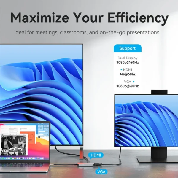 Vention USB-C to HDMI/VGA/USB 3.0/PD Docking Station 0.15M Gray Aluminum Alloy Type-TQAHB - Image 10