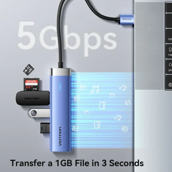 Vention USB Hub USB 3.0 to USB 3.0 x 3/RJ45/USB-C 0.15M Blue Aluminum Alloy Type-TGFSB - Image 4