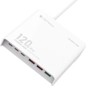 Light Wave LW-DCHG-120W Universal Desktop Charger 120W Power Rating 6-Port Fast Charging Polycarbonate Shell 100-240V, 50/60Hz 0.8A Max