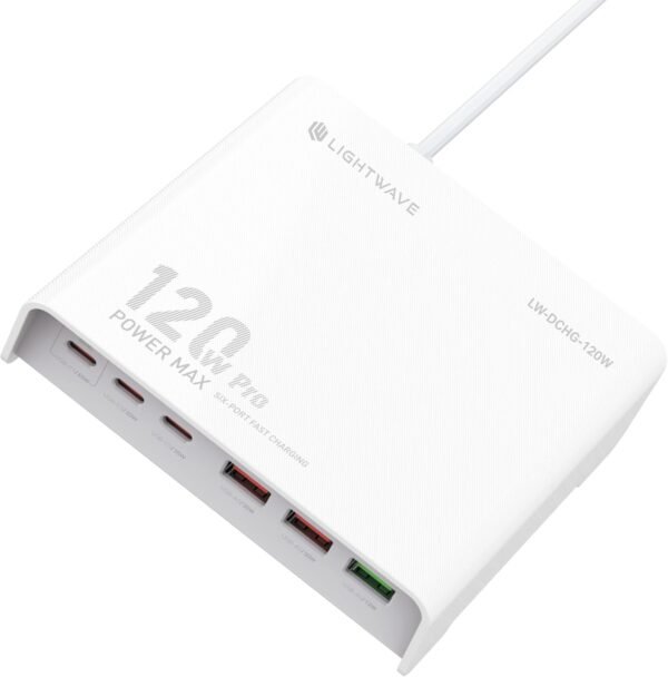 Light Wave LW-DCHG-120W Universal Desktop Charger 120W Power Rating 6-Port Fast Charging Polycarbonate Shell 100-240V, 50/60Hz 0.8A Max