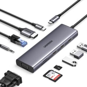 UGREEN USB-C 10-in-1 Docking Station with 4K HDMI and VGA, 1Gbps Ethernet, 100W PD, 3 USB 3.0 Ports, 3.5mm Audio Jack, SD/TF Card Slots, Multi Adapter