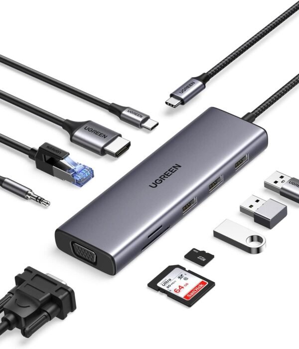 UGREEN USB-C 10-in-1 Docking Station with 4K HDMI and VGA, 1Gbps Ethernet, 100W PD, 3 USB 3.0 Ports, 3.5mm Audio Jack, SD/TF Card Slots, Multi Adapter