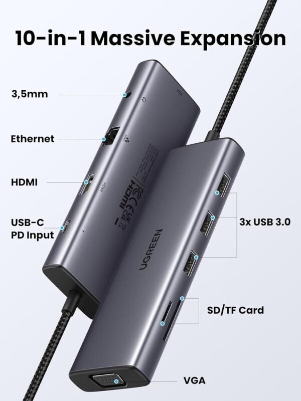 UGREEN USB-C 10-in-1 Docking Station with 4K HDMI and VGA, 1Gbps Ethernet, 100W PD, 3 USB 3.0 Ports, 3.5mm Audio Jack, SD/TF Card Slots, Multi Adapter - Image 5