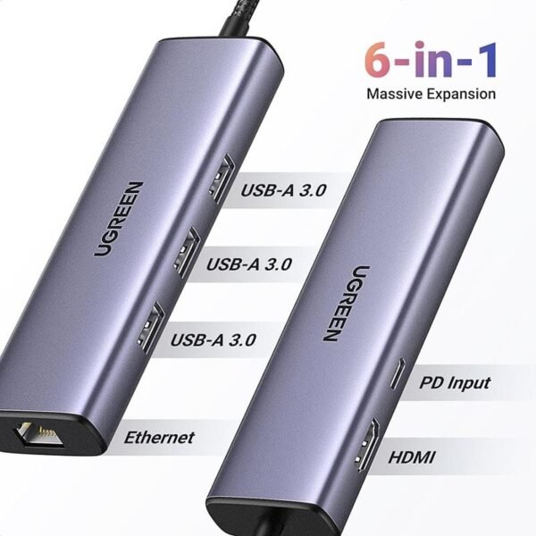 UGREEN 6-in-1 USB-C To 3*USB 3.0 A/HDMI/RJ45/ 100W PD Multi-function Hub – CM512 (UG-15598) – Gray - Image 8