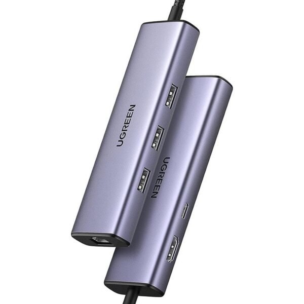 UGREEN 6-in-1 USB-C To 3*USB 3.0 A/HDMI/RJ45/ 100W PD Multi-function Hub – CM512 (UG-15598) – Gray - Image 2