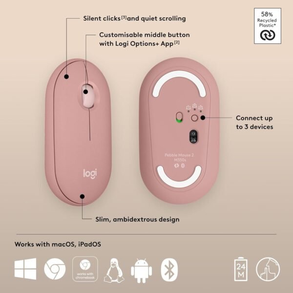 Logitech Pebble Mouse 2 M350s Slim Bluetooth Wireless Multi Device Mouse -Tonal Rose - Image 3