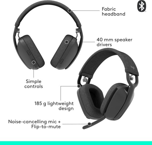 Logitech Zone Vibe 100 Lightweight Wireless Over-Ear Headphones with Noise-Cancelling Microphone - Graphite - Image 4