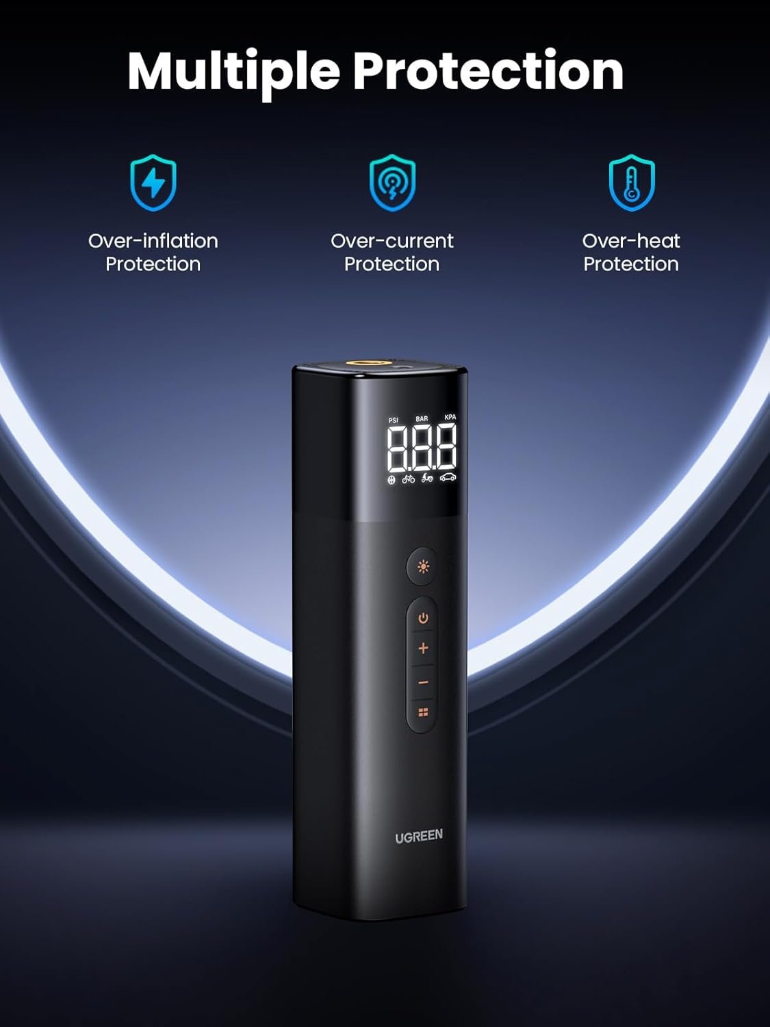 UGREEN Tyre Inflator Portable Air Pump 150PSI/10.3BAR DC 12V Air Compressor with LED Light, Tire Pressure Detection for Car, Bike, Motorcycle, Ball, Air Mattress, Pool Toys CD259 35573 - Image 4