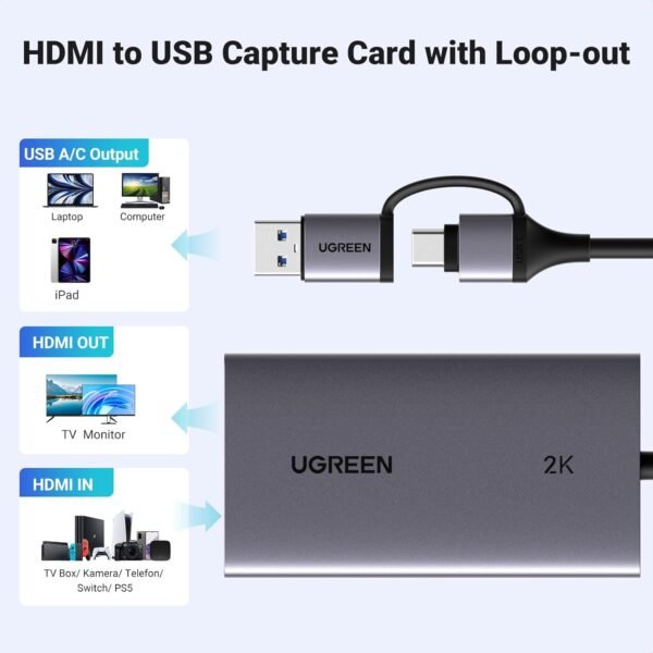 UGREEN 4K@30Hz HDMI Capture Card HDMI to USB 3.0 HDMI Loop Out Video Capture Card for Streaming - Image 5