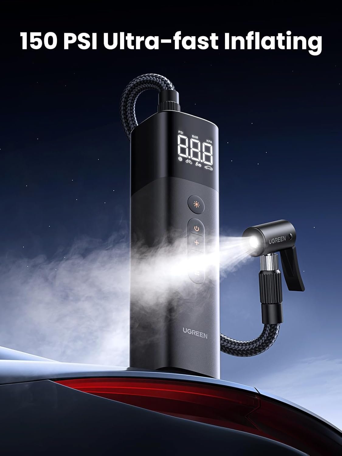 UGREEN Tyre Inflator Portable Air Pump 150PSI/10.3BAR DC 12V Air Compressor with LED Light, Tire Pressure Detection for Car, Bike, Motorcycle, Ball, Air Mattress, Pool Toys CD259 35573 - Image 2