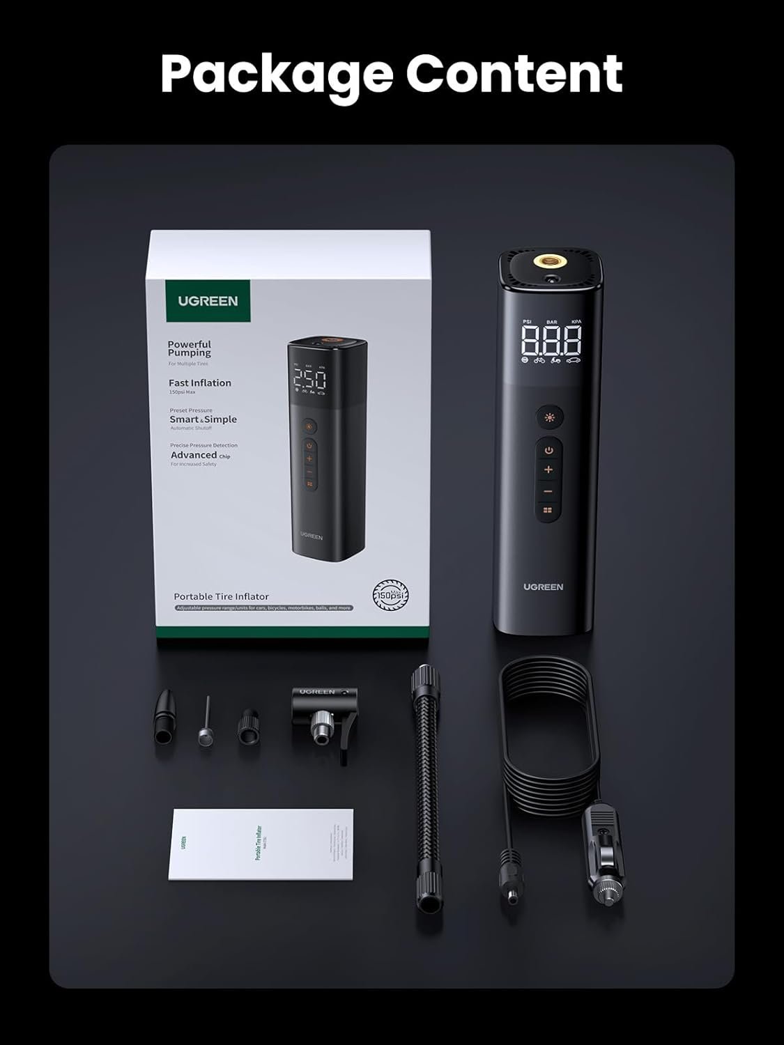 UGREEN Tyre Inflator Portable Air Pump 150PSI/10.3BAR DC 12V Air Compressor with LED Light, Tire Pressure Detection for Car, Bike, Motorcycle, Ball, Air Mattress, Pool Toys CD259 35573 - Image 9