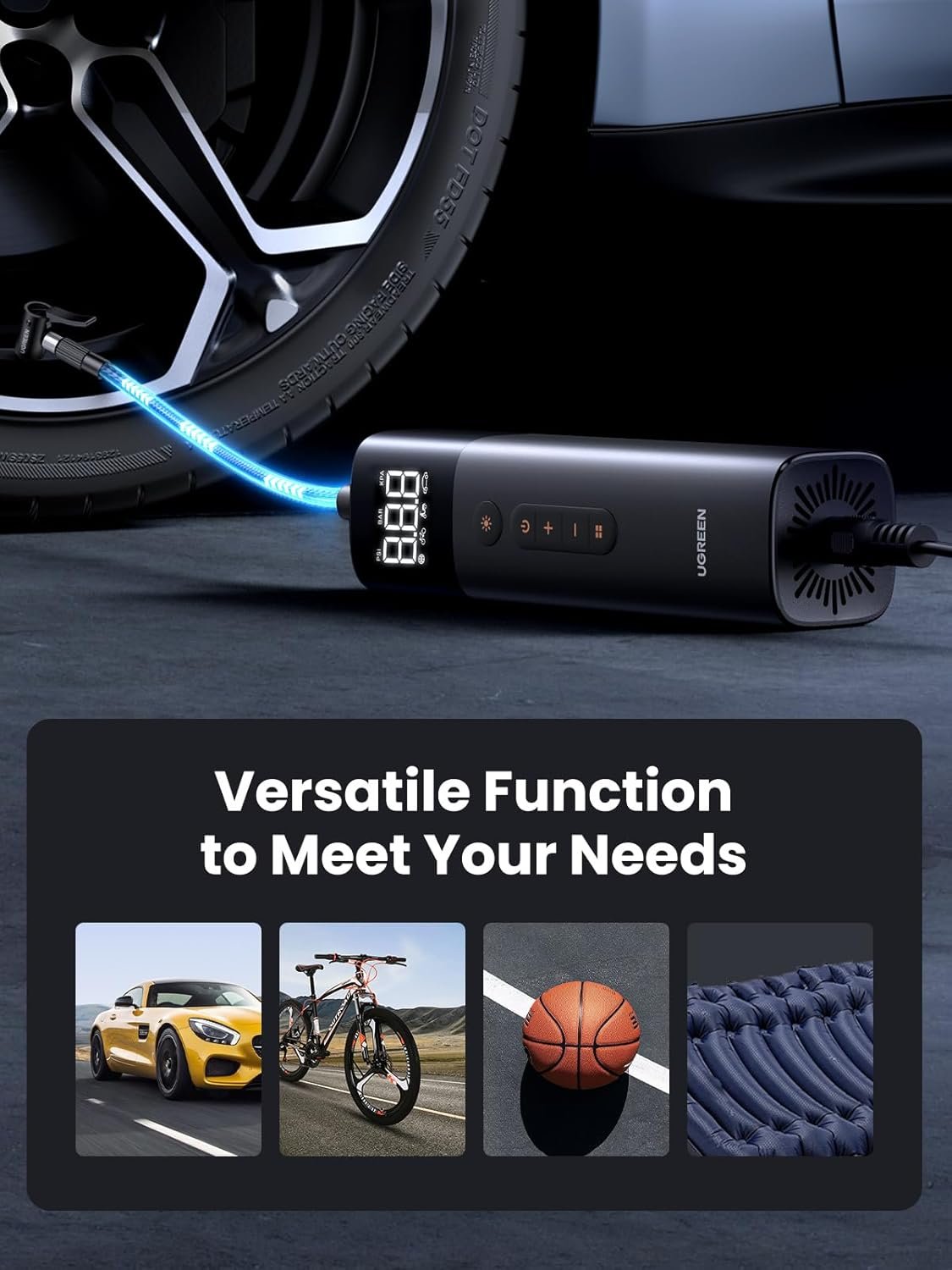 UGREEN Tyre Inflator Portable Air Pump 150PSI/10.3BAR DC 12V Air Compressor with LED Light, Tire Pressure Detection for Car, Bike, Motorcycle, Ball, Air Mattress, Pool Toys CD259 35573 - Image 5