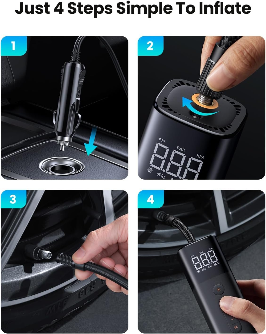 UGREEN Tyre Inflator Portable Air Pump 150PSI/10.3BAR DC 12V Air Compressor with LED Light, Tire Pressure Detection for Car, Bike, Motorcycle, Ball, Air Mattress, Pool Toys CD259 35573 - Image 6