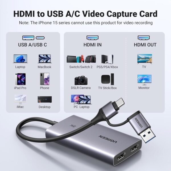 UGREEN 4K@30Hz HDMI Capture Card HDMI to USB 3.0 HDMI Loop Out Video Capture Card for Streaming - Image 6