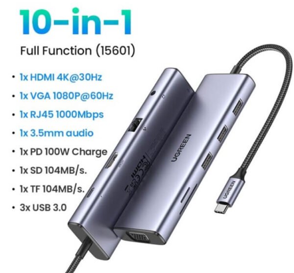 UGREEN USB-C 10 in 1 Multifunction Adapter CM498 15601 3*USB A 3.0,HDMI, VGA, RJ45 Gigabit, SD/TF, AUX 3.5mm  + 100W PD  Docking Station - Image 2