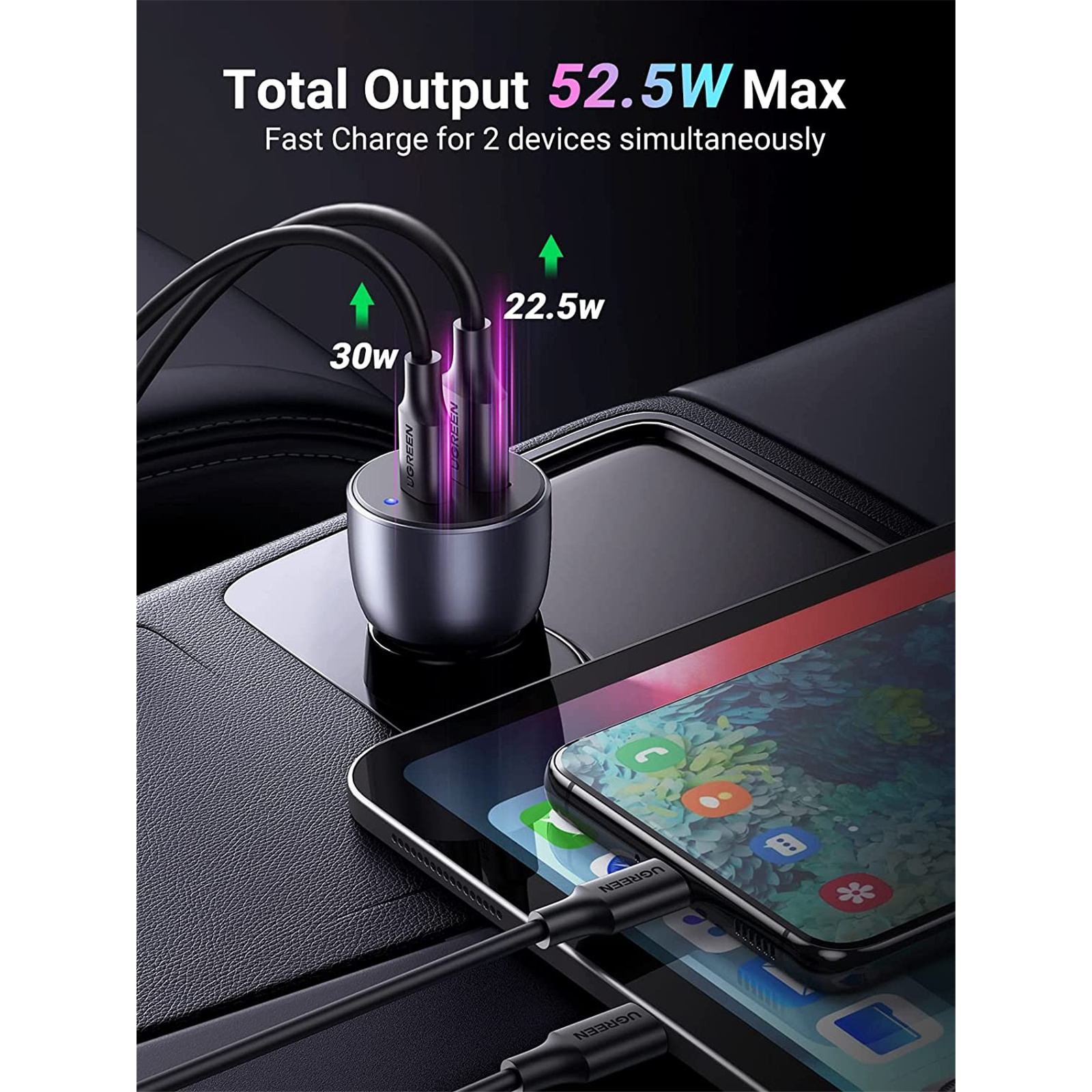 UGREEN CD213 60980 52.5W USB / USB-C Car Charger - Space Grey - Image 2