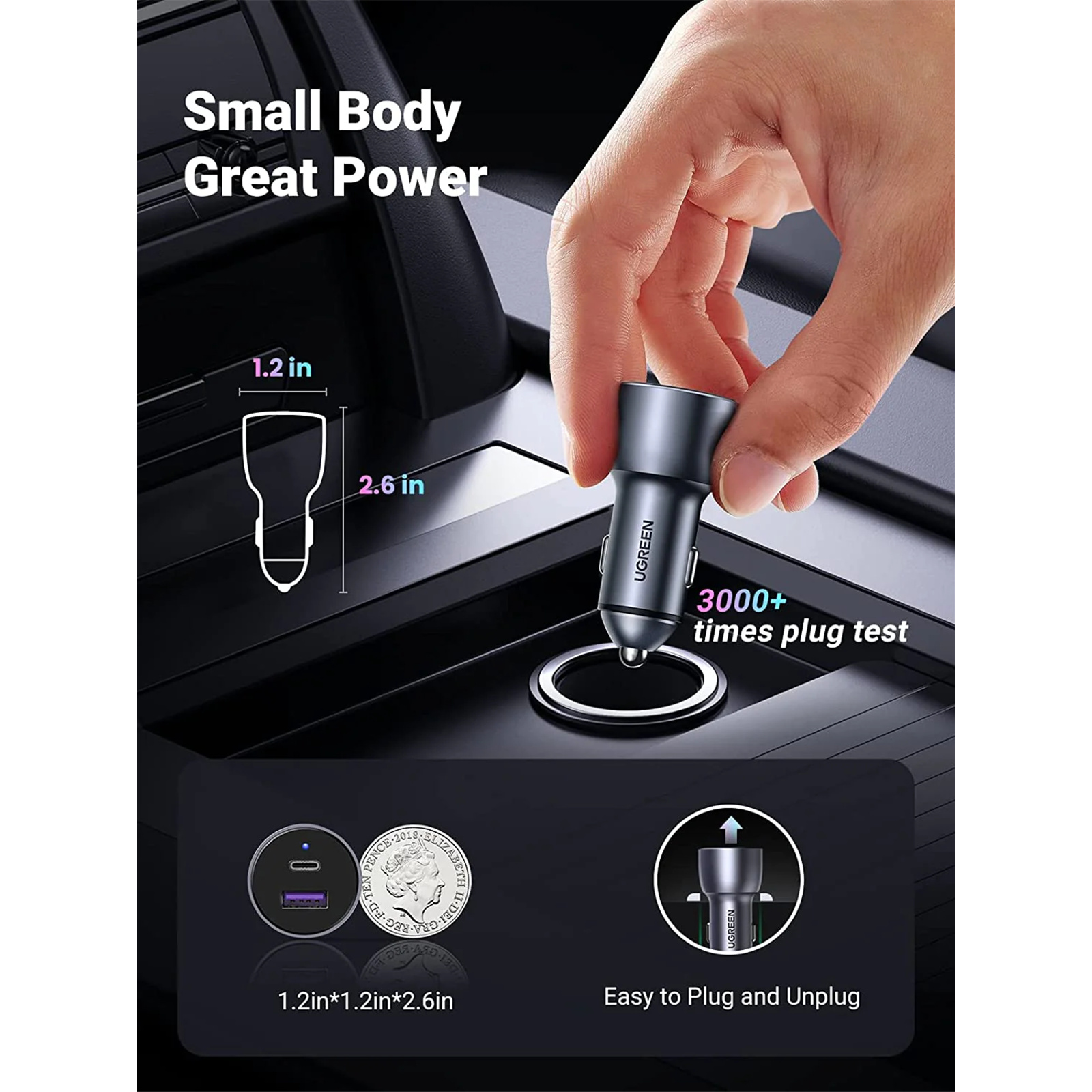 UGREEN CD213 60980 52.5W USB / USB-C Car Charger - Space Grey - Image 4