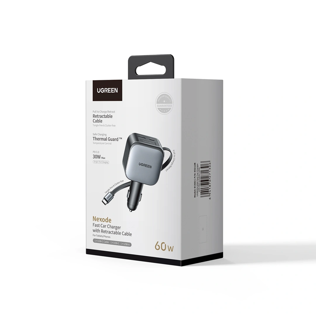 UGREEN 60W Retractable Cable With Type-C+USB Car Charger EC602 55212B - Image 2